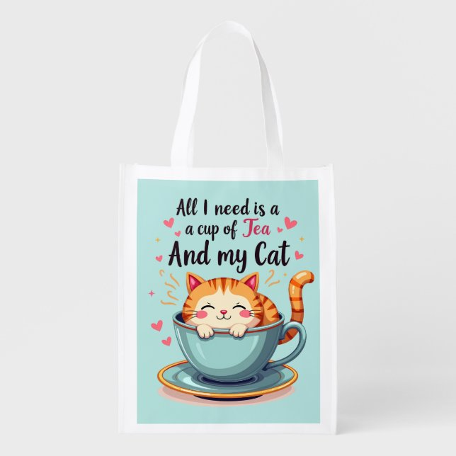 Cute Cat in Teacup Kawaii Cozy Art Grocery Bag (Front)