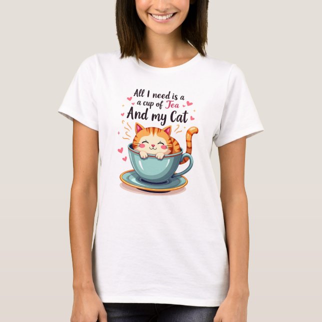 Cute Cat in Teacup Kawaii Cozy Art T-Shirt (Front)