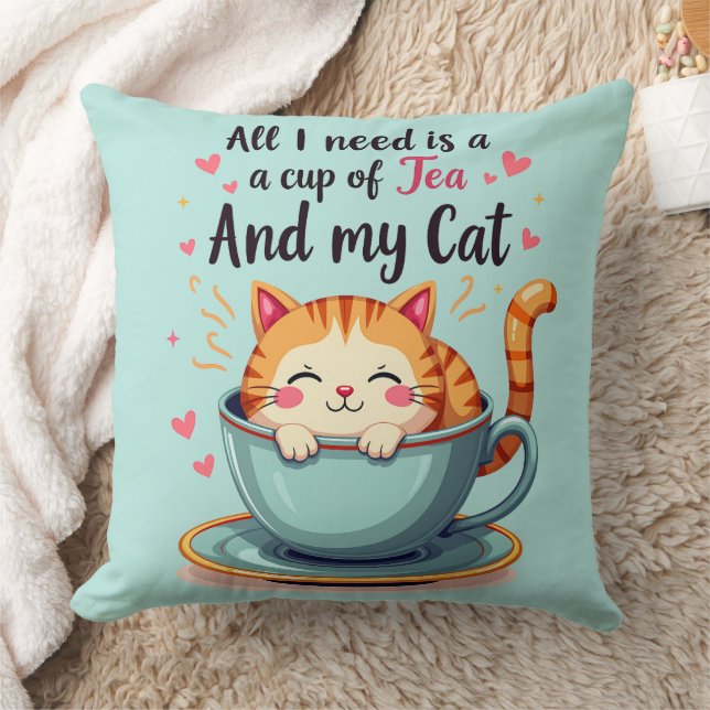 Cute Cat in Teacup Kawaii Cozy Art Throw Pillow (Blanket)
