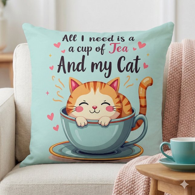 Cute Cat in Teacup Kawaii Cozy Art Throw Pillow (Cute Cat in Teacup Kawaii Cozy Art Throw Pillow Mockup A)