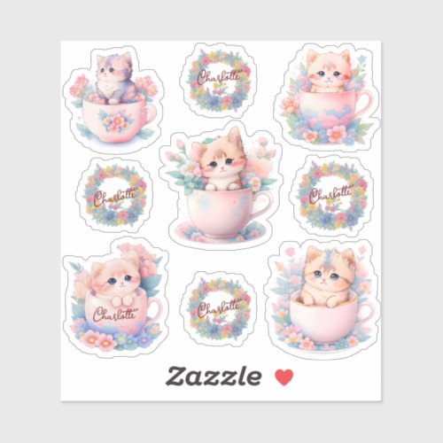 Cute Cat in Teacup With Flowers Personalized Sticker