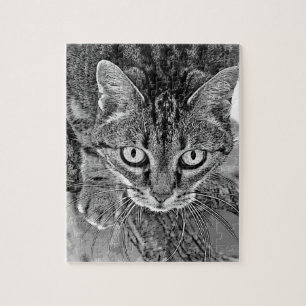 Cute cat in the tree, black and white jigsaw puzzle
