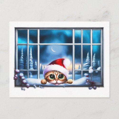 Cute Cat in the Window Seasons Greetings  Holiday Postcard