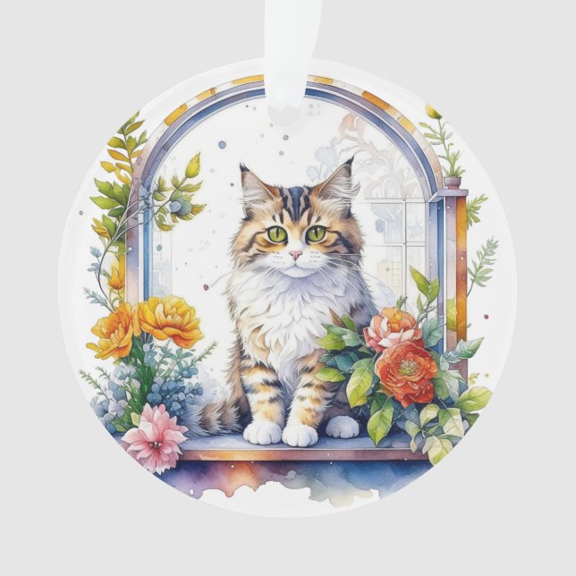Cute Cat in Window of Flowers Personalized Ornament (Front)