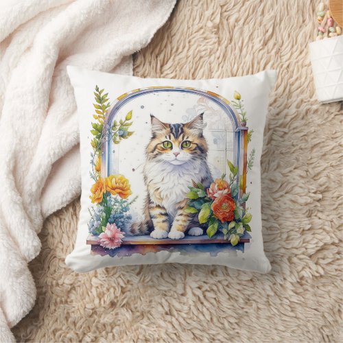 Cute Cat in Window of Flowers Personalized Throw Pillow