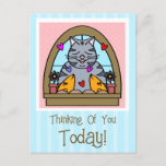 Cute Cat In Window With Fish Thinking Of You Postcard