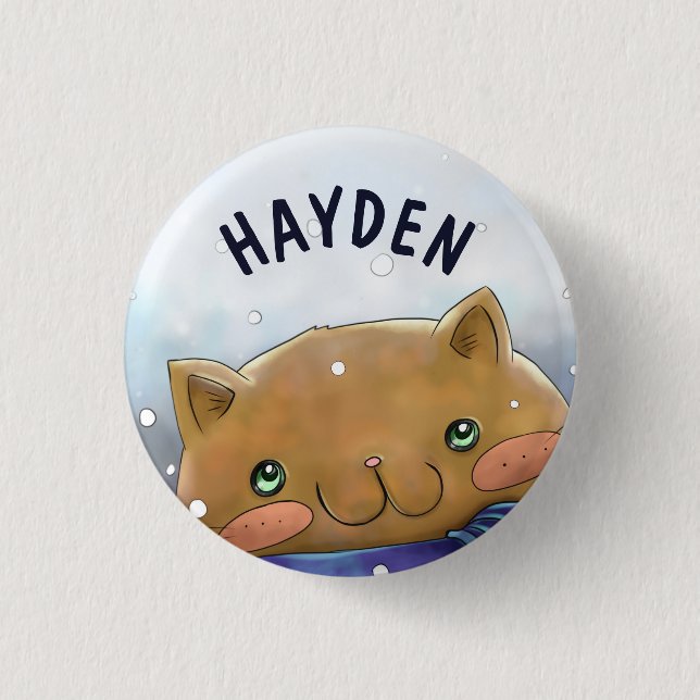 Cute Cat in Winter Personalised Kids Button (Front)