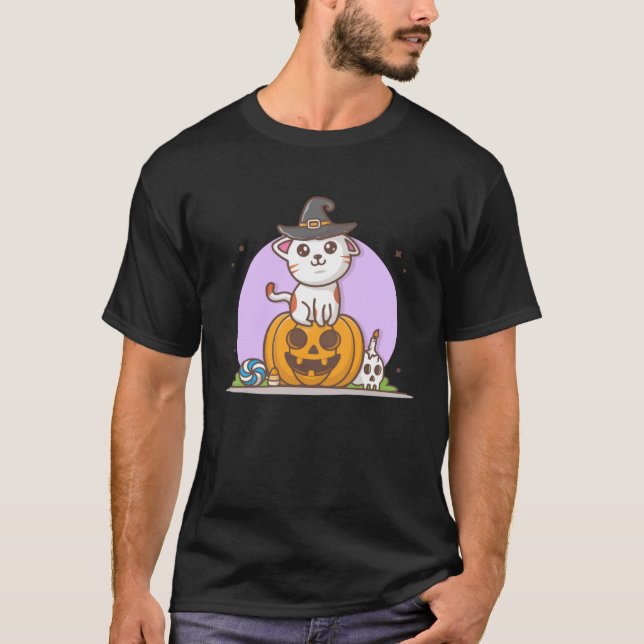 Cute Cat in Witches Hat on Pumpkin with Candy  Hal T-Shirt (Front)