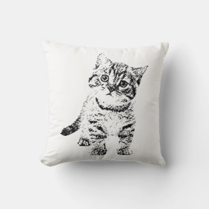 Cute Cat Ink Pen Sketch Black White Throw Pillow