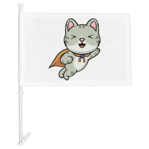 Cute cat is a hero cartoon illustration   car flag