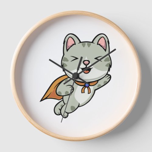 Cute cat is a hero cartoon illustration   clock