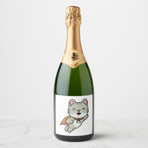 Cute cat is a hero cartoon illustration   sparkling wine label