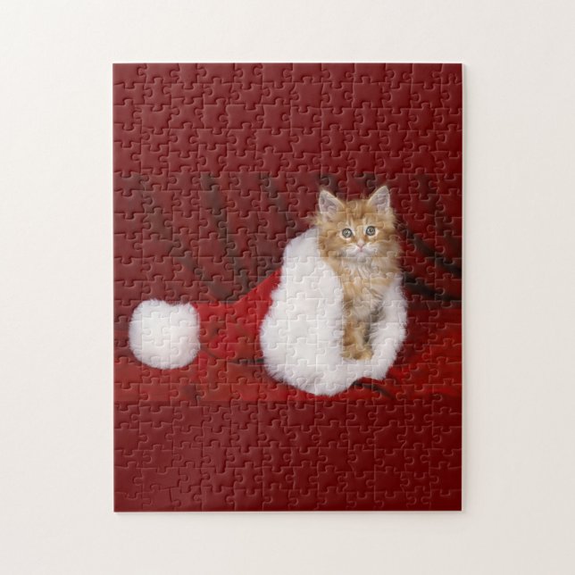 Cute Cat Jigsaw Puzzle (A jigsaw puzzle features a long-haired orange cat sitting inside a Santa hat.)