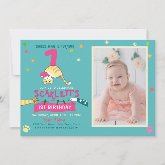 Cute Cat Kids First Birthday Party Invitation (Front)