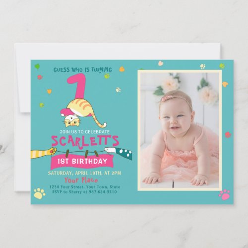 Cute Cat Kids First Birthday Party Invitation