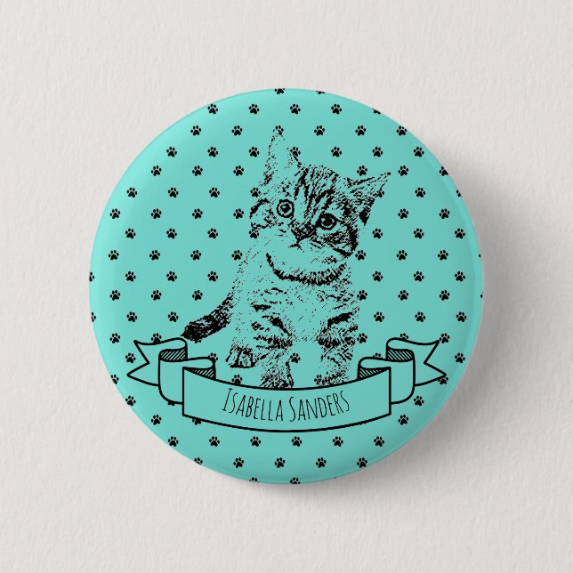 Cute cat kitten | all-over paw print | custom name pinback button (Front)