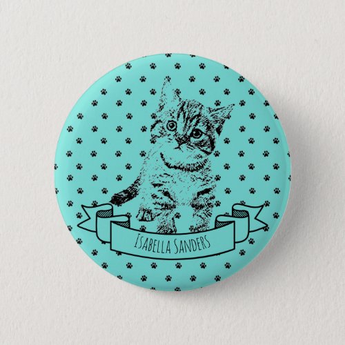 Cute cat kitten  all_over paw print  custom name pinback button