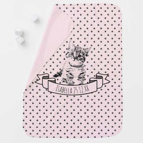Cute cat kitten  all_over paw print  custom name receiving blanket