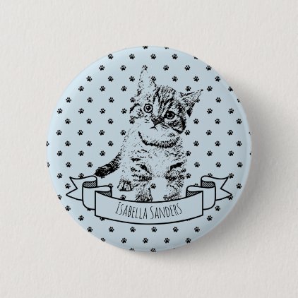 Cute cat kitten | all-over paw print on blue pinback button