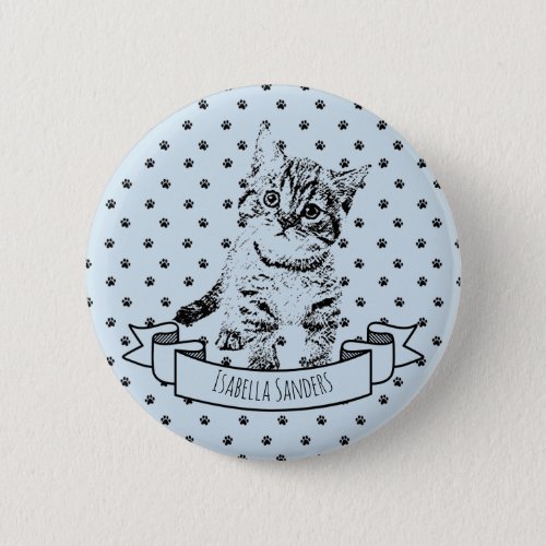 Cute cat kitten  all_over paw print on blue pinback button