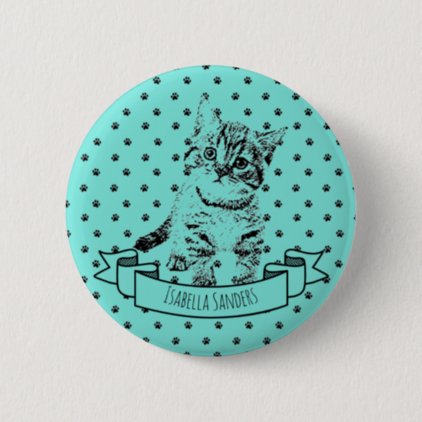 Cute cat kitten | all-over paw print on turquoise pinback button