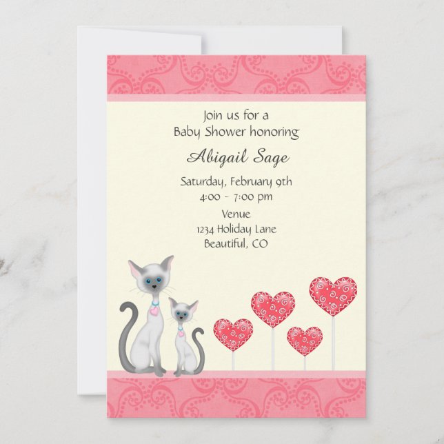 Cute Cat, Kitten and Hearts Baby Shower Invitation (Front)