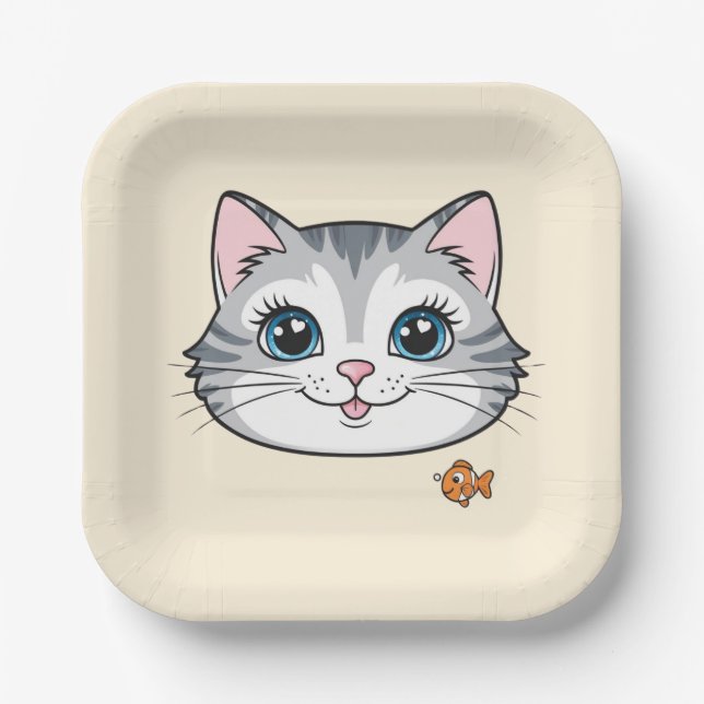 Cute cat kitten animals pet cartoon Birthday Paper Plates (Front)
