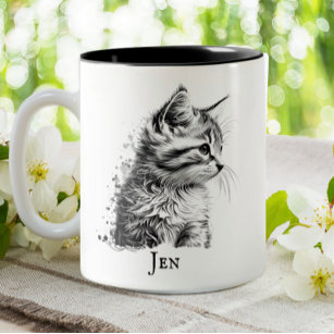 Cute Cat Kitten Black & White Sketch Personalized Two-Tone Coffee Mug