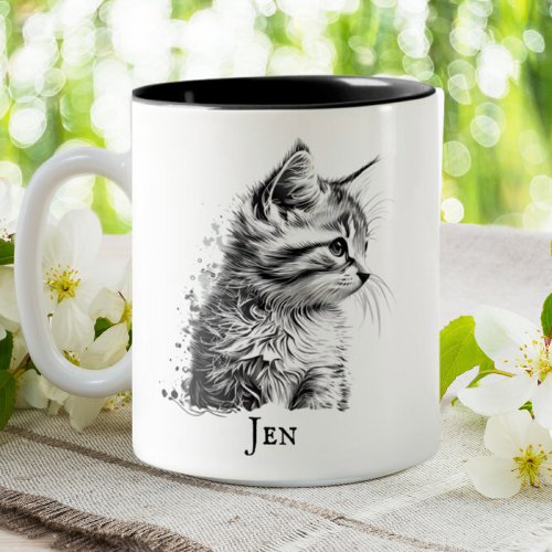 Cute Cat Kitten Black  White Sketch Personalized Two_Tone Coffee Mug