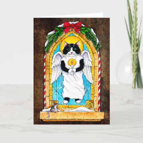 Cute Cat Kitten Christmas Angel mouse Holiday card