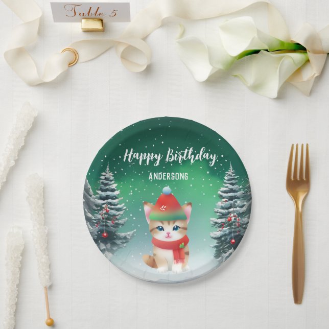 Cute Cat Kitten Christmas tree birthday girl party Paper Plates (Wedding)
