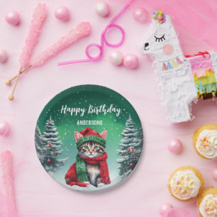 Cute Cat Kitten Christmas tree birthday girl party Paper Plates