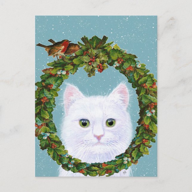 Cute Cat Kitten Christmas Wreath Holiday post card (Front)