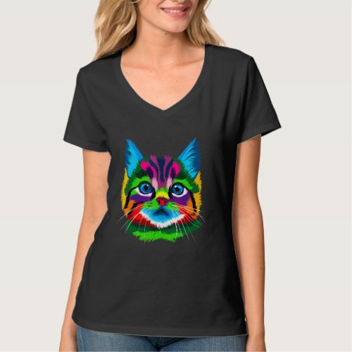 Cute Cat Kitten Face Colorful Geometric Pop Style T_Shirt