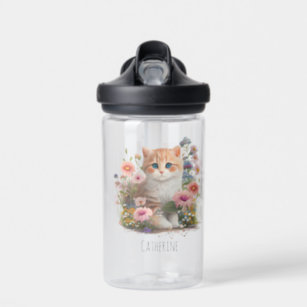 Cute Cat Kitten Floral Watercolor Personalized  Water Bottle