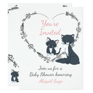 Cute Cat, Kitten, Flower Heart Baby Shower Invite