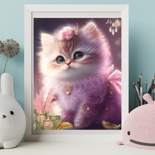 Cute Cat Kitten in Purple Dress Floral Art Nursery Poster