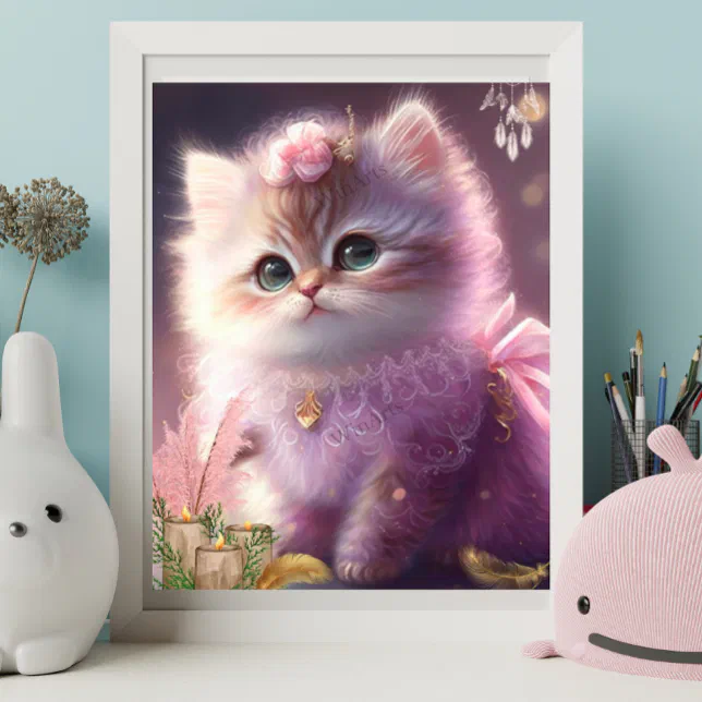 Cute Cat Kitten in Purple Dress Floral Art Nursery Poster | Zazzle