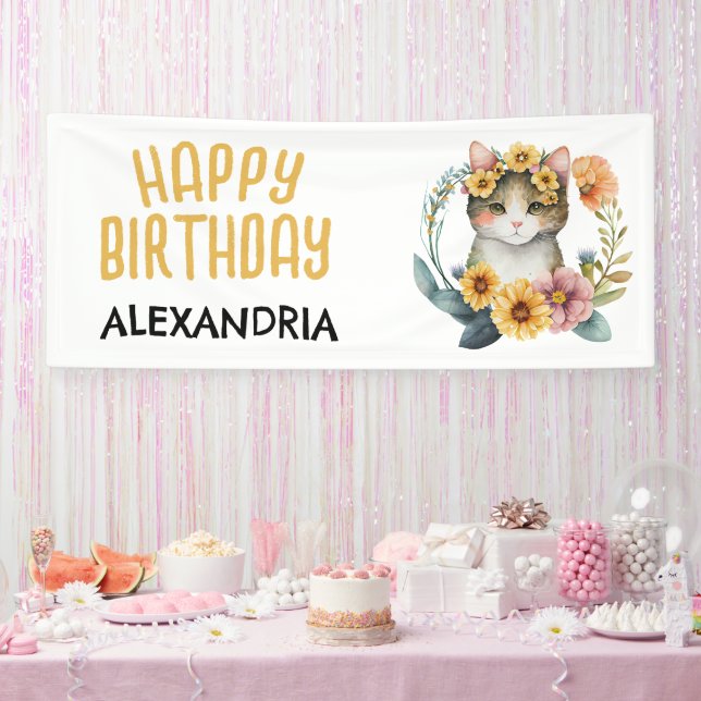 Cute Cat Kitten Little Girl's Happy Birthday Banner (Party)