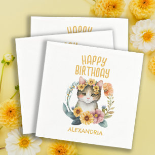 Cute Cat Kitten Little Girl's Happy Birthday Napkins