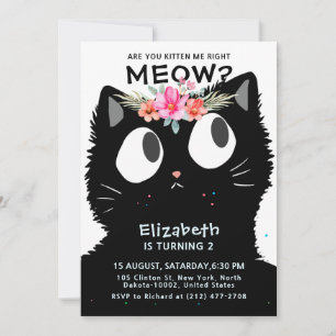 Cute Cat Kitten Meow Floral Crown Birthday Party Invitation