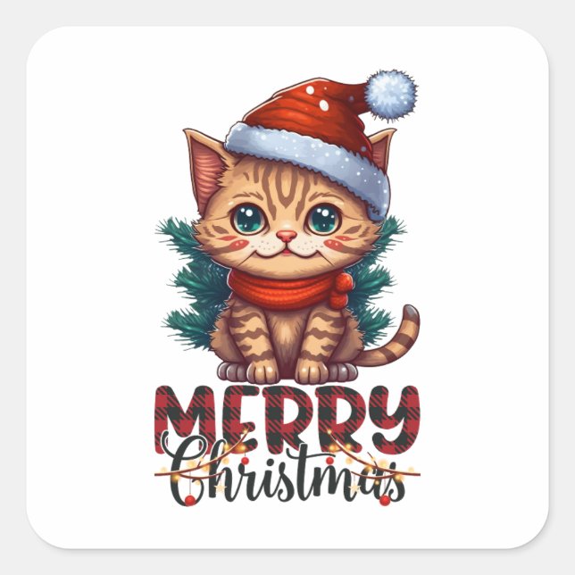 Cute Cat Kitten Merry Christmas Square Sticker (Front)