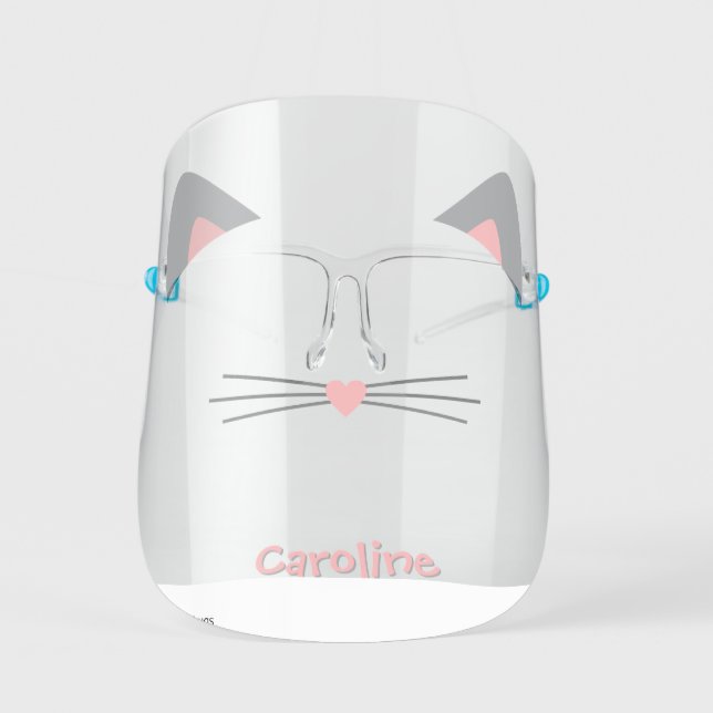 Cute Cat Kitten Pink and Gray Girly School Face Shield (Front)