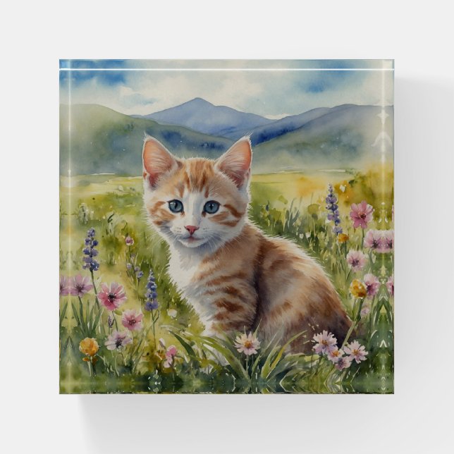 Cute Cat Kitten Pink Flowers Mountains Paperweight (Front)