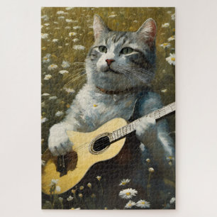 Cute Cat Kitten Playing Acoustic Guitar Jigsaw Puzzle