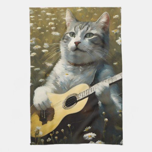 Cute Cat Kitten Playing Acoustic Guitar Kitchen Towel