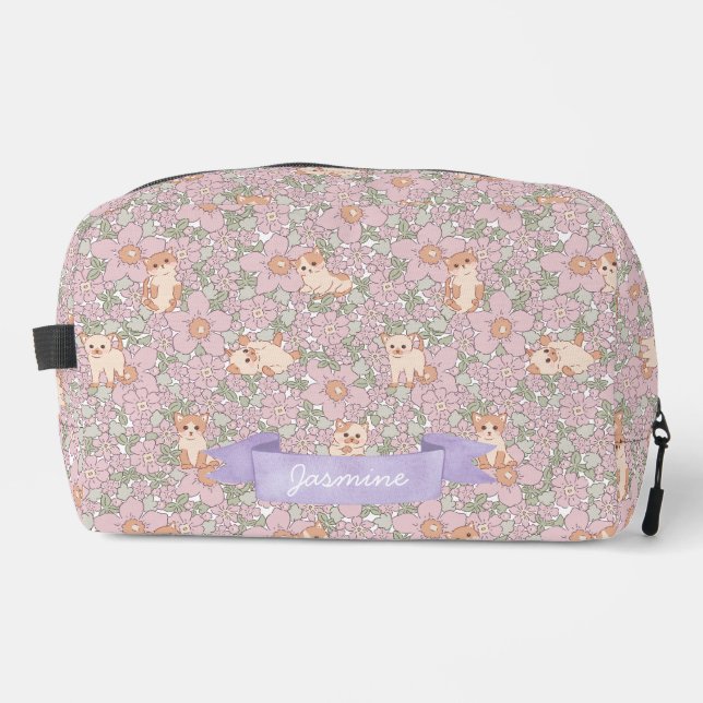 Cute Cat Kitten Purple Floral Pattern Dopp Kit (Front)