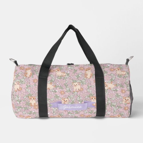 Cute Cat Kitten Purple Floral Pattern Duffle Bag