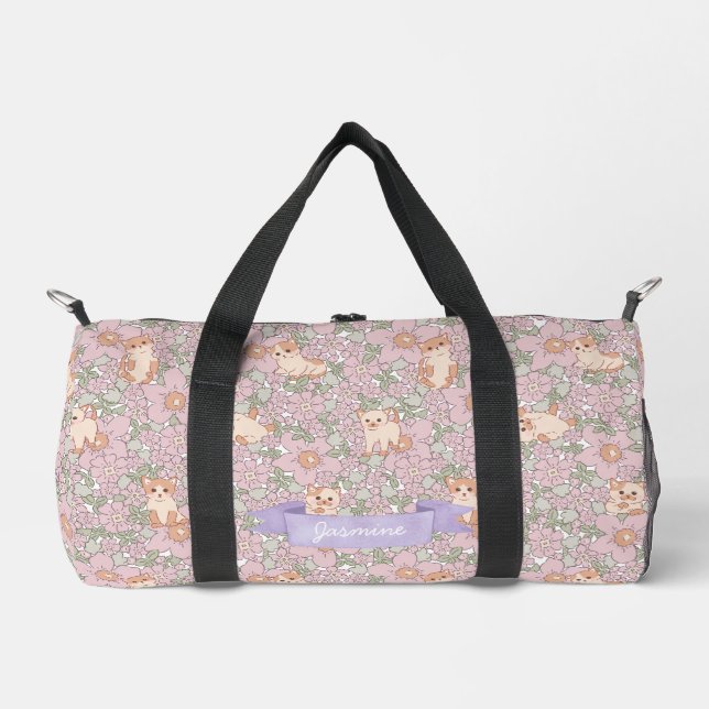 Cute Cat Kitten Purple Floral Pattern Duffle Bag (Front)
