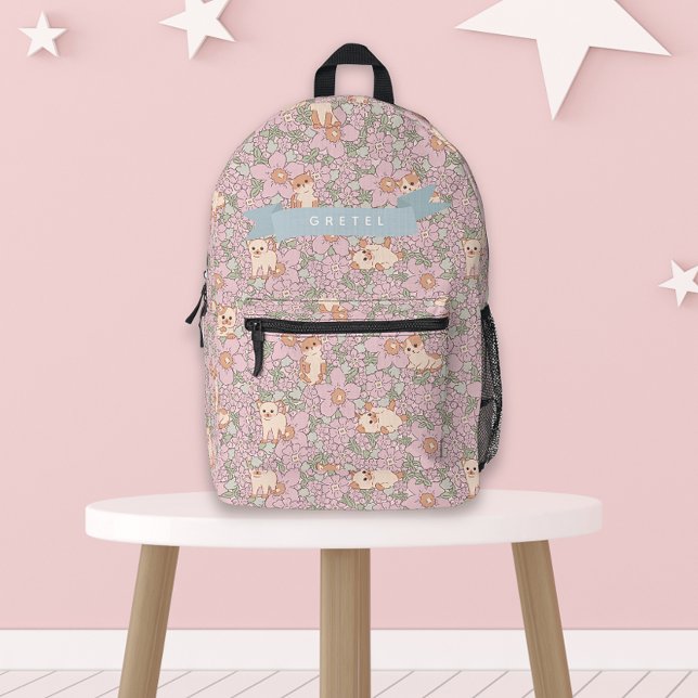 Cute Cat Kitten Purple Floral Pattern Printed Backpack (Creator Uploaded)